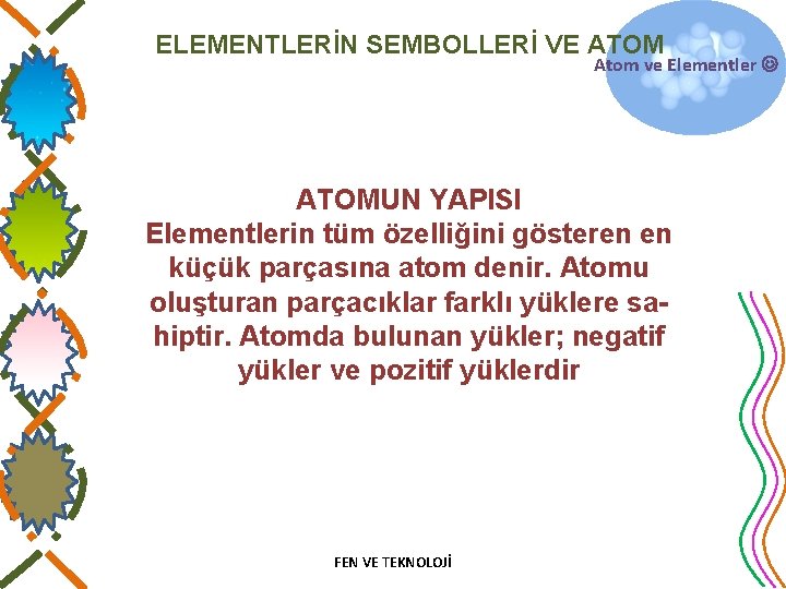 ELEMENTLERİN SEMBOLLERİ VE ATOM Atom ve Elementler ATOMUN YAPISI Elementlerin tüm özelliğini gösteren en