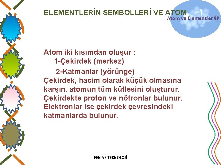 ELEMENTLERİN SEMBOLLERİ VE ATOM Atom ve Elementler Atom iki kısımdan oluşur : 1 -Çekirdek