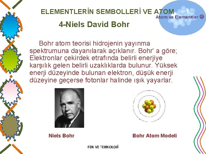 ELEMENTLERİN SEMBOLLERİ VE ATOM 4 -Niels David Bohr Atom ve Elementler Bohr atom teorisi