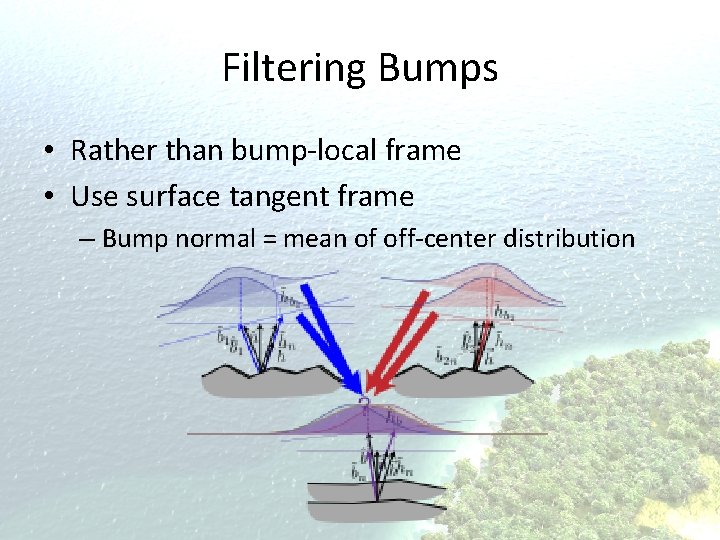 Filtering Bumps • Rather than bump-local frame • Use surface tangent frame – Bump