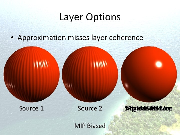 Layer Options • Approximation misses layer coherence Source 1 Source 2 MIP Biased Single