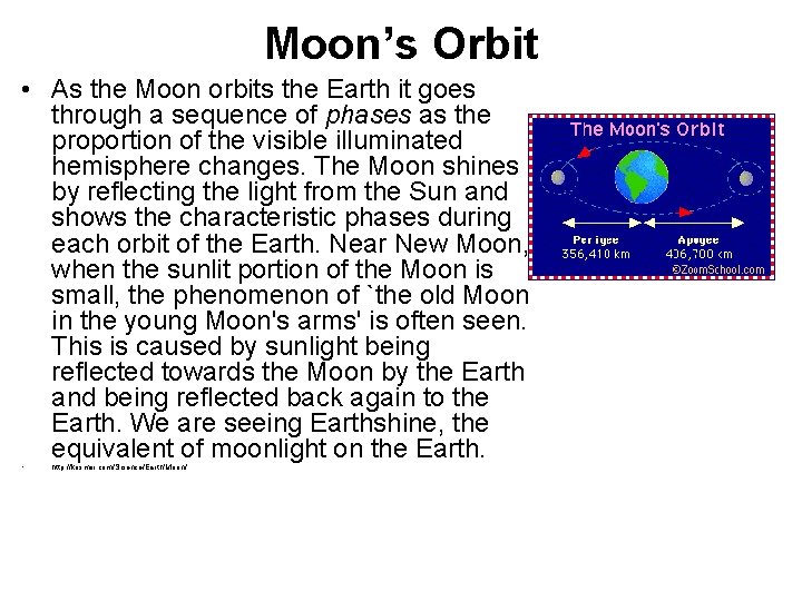 Moon’s Orbit • As the Moon orbits the Earth it goes through a sequence