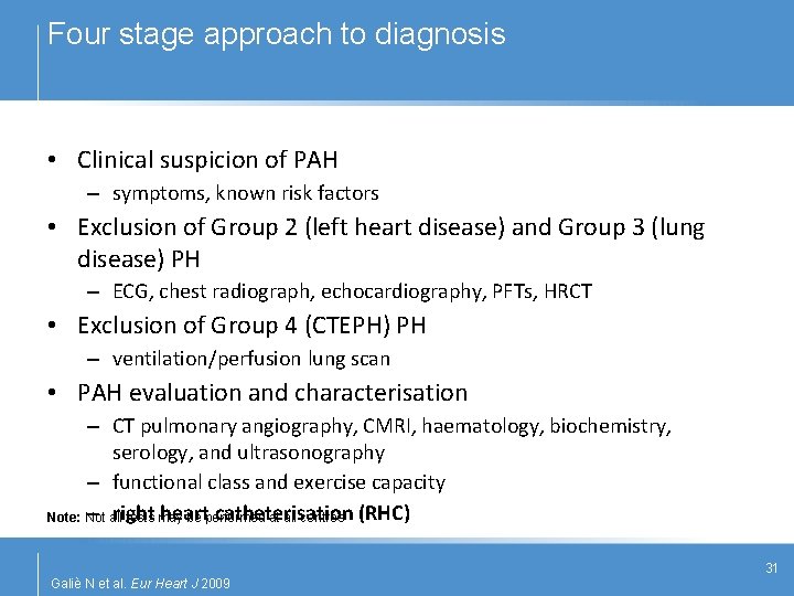 Four stage approach to diagnosis • Clinical suspicion of PAH – symptoms, known risk