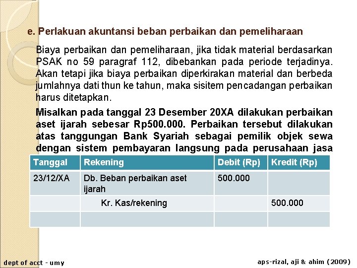 e. Perlakuan akuntansi beban perbaikan dan pemeliharaan Biaya perbaikan dan pemeliharaan, jika tidak material