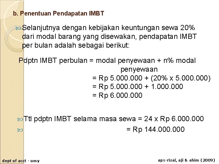 b. Penentuan Pendapatan IMBT Selanjutnya dengan kebijakan keuntungan sewa 20% dari modal barang yang b. Penentuan Pendapatan IMBT Selanjutnya dengan kebijakan keuntungan sewa 20% dari modal barang yang