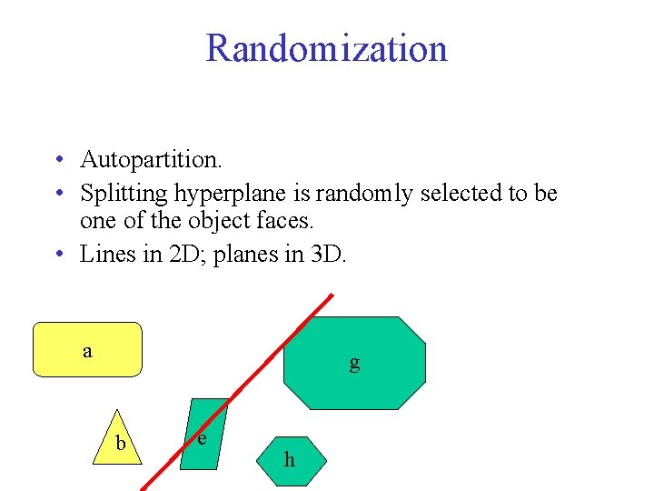 Randomization • Autopartition. • Splitting hyperplane is randomly selected to be one of the