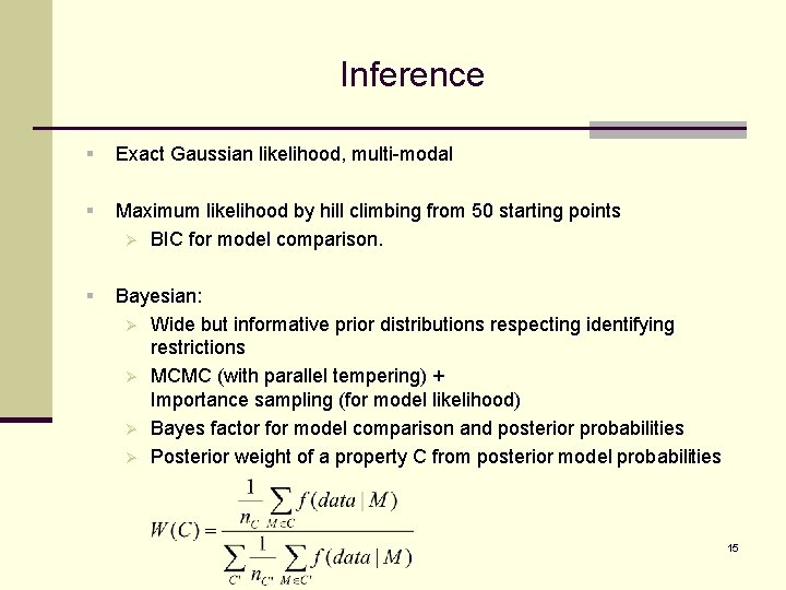 Inference § Exact Gaussian likelihood, multi-modal § Maximum likelihood by hill climbing from 50