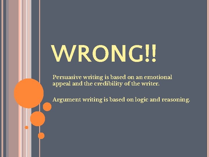 WRONG!! Persuasive writing is based on an emotional appeal and the credibility of the