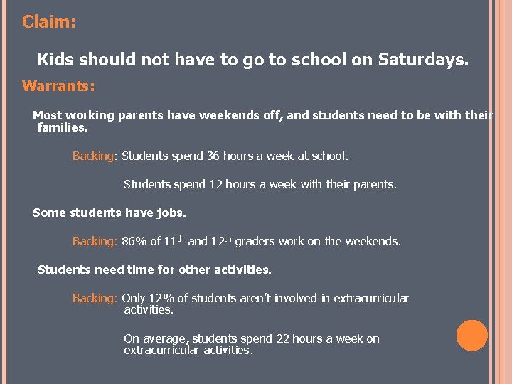 Claim: Kids should not have to go to school on Saturdays. Warrants: Most working