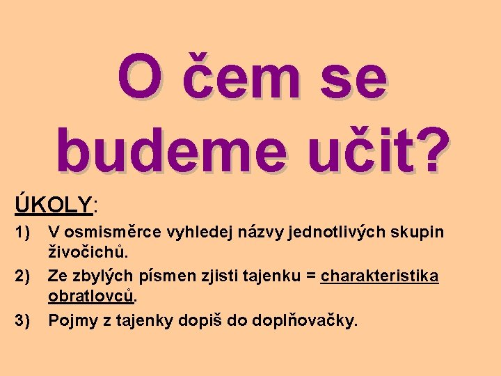 O čem se budeme učit? ÚKOLY: 1) 2) 3) V osmisměrce vyhledej názvy jednotlivých