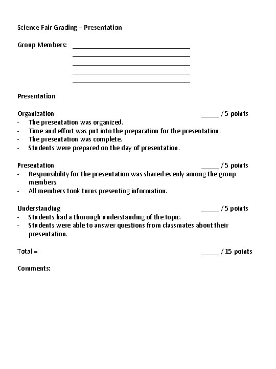 Grading Sheets and Rubrics Science Fair Project Name