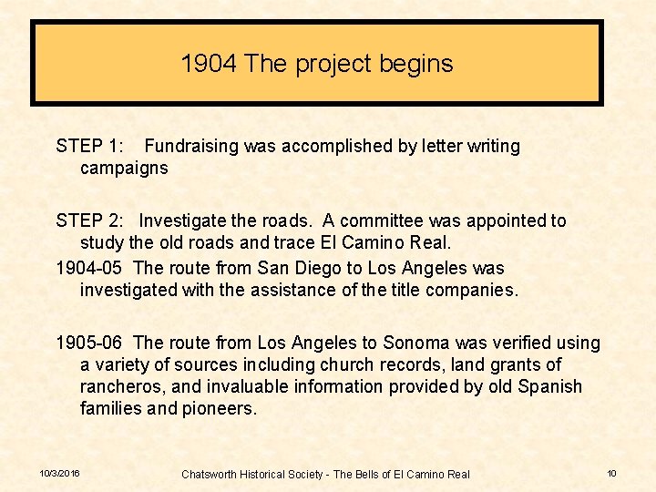 1904 The project begins STEP 1: Fundraising was accomplished by letter writing campaigns STEP