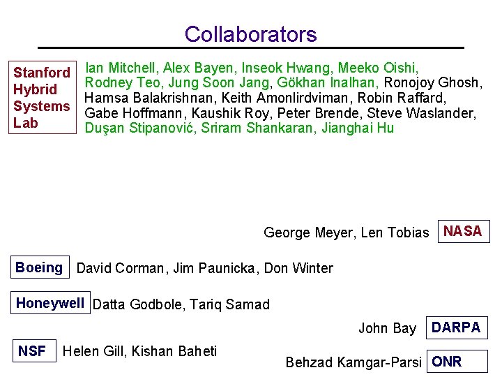 Collaborators Stanford Hybrid Systems Lab Ian Mitchell, Alex Bayen, Inseok Hwang, Meeko Oishi, Rodney