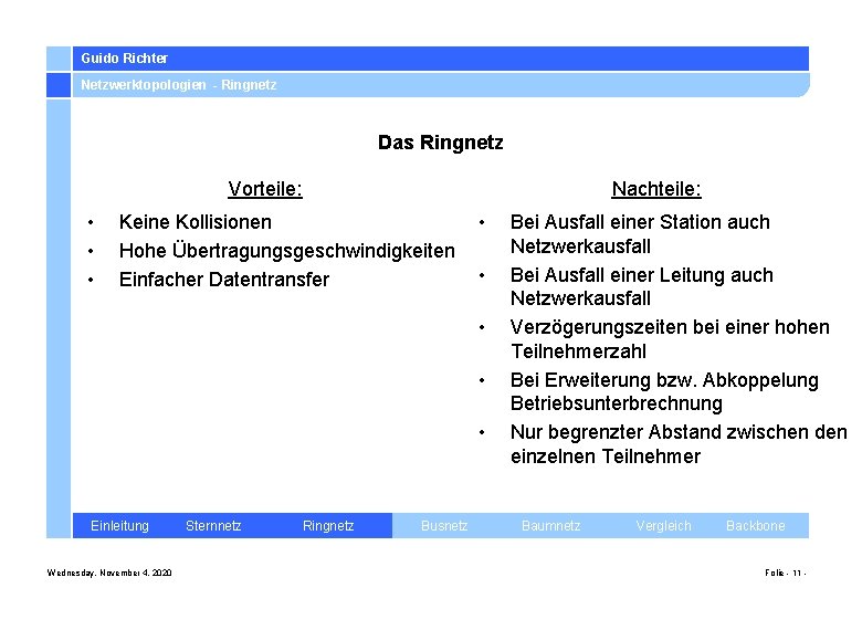 Guido Richter Netzwerktopologien - Ringnetz Das Ringnetz Vorteile: • • • Nachteile: Keine Kollisionen