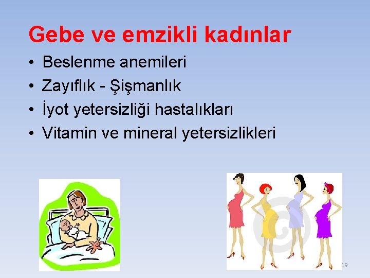 Gebe ve emzikli kadınlar • • Beslenme anemileri Zayıflık - Şişmanlık İyot yetersizliği hastalıkları