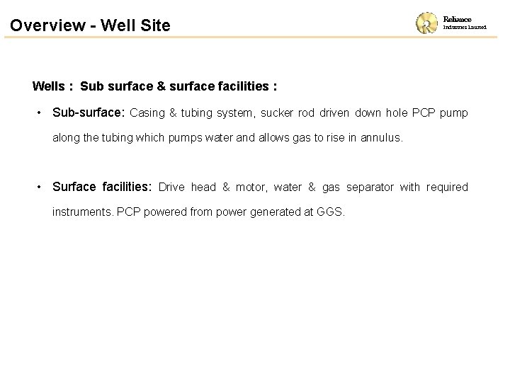 Overview - Well Site Reliance Industries Limited Wells : Sub surface & surface facilities