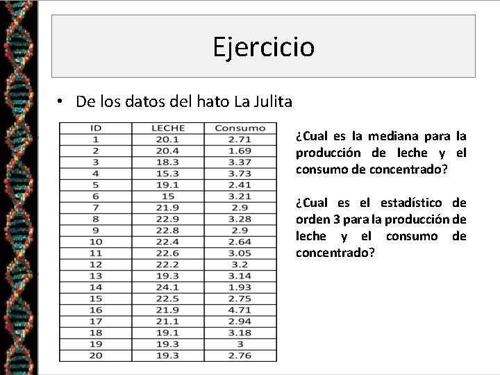 Ejercicio • De los datos del hato La Julita ¿Cual es la mediana para