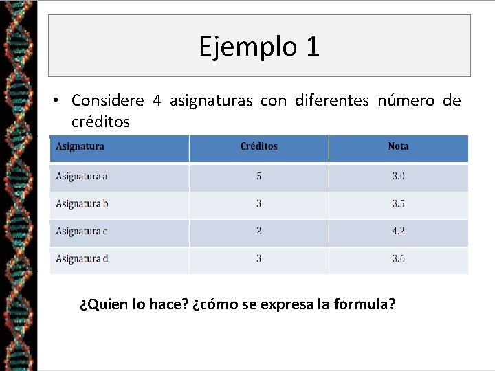 Ejemplo 1 • Considere 4 asignaturas con diferentes número de créditos ¿Quien lo hace?