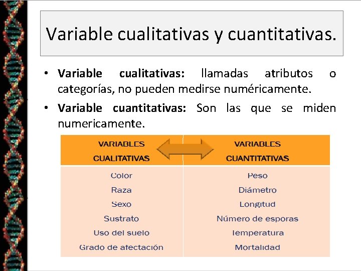 Variable cualitativas y cuantitativas. • Variable cualitativas: llamadas atributos o categorías, no pueden medirse