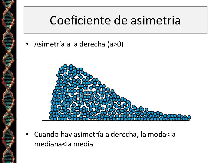 Coeficiente de asimetria • Asimetría a la derecha (a>0) • Cuando hay asimetría a