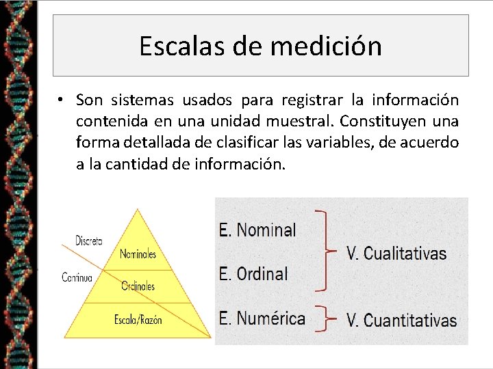 Escalas de medición • Son sistemas usados para registrar la información contenida en una