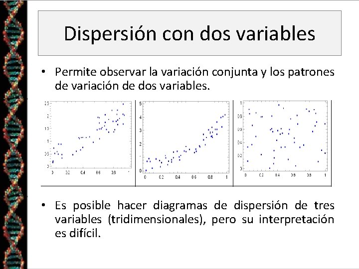 Dispersión con dos variables • Permite observar la variación conjunta y los patrones de