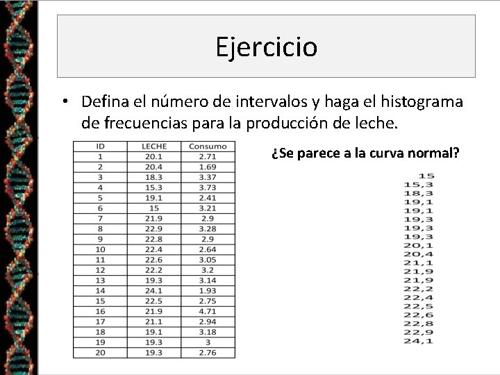 Ejercicio • Defina el número de intervalos y haga el histograma de frecuencias para