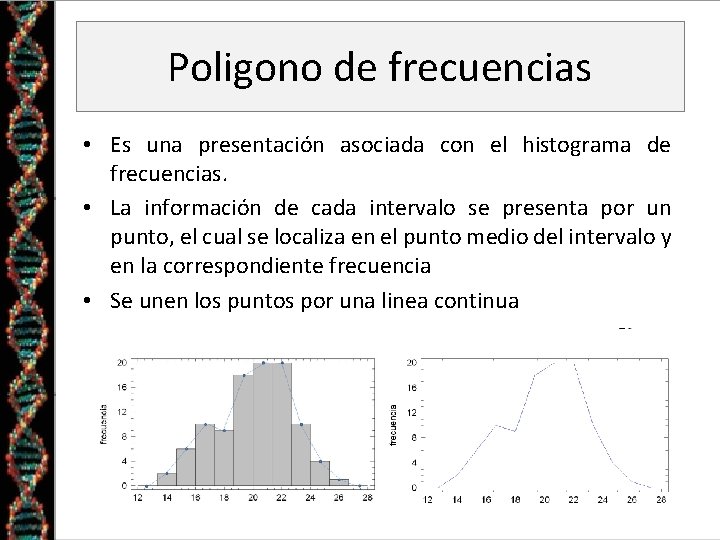 Poligono de frecuencias • Es una presentación asociada con el histograma de frecuencias. •