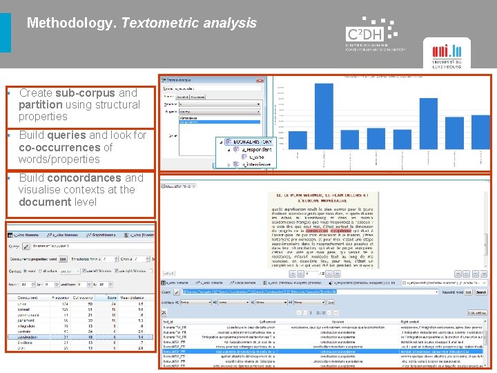 Methodology. Textometric analysis ▪ Create sub-corpus and partition using structural properties ▪ Build queries