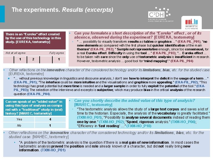 The experiments. Results (excerpts) There is an “Eureka” effect created by the use of