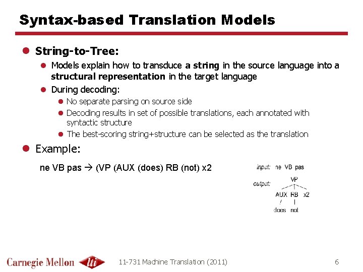 Syntax-based Translation Models l String-to-Tree: l Models explain how to transduce a string in