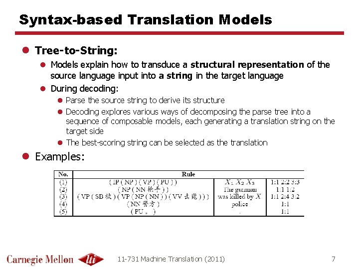 Syntax-based Translation Models l Tree-to-String: l Models explain how to transduce a structural representation Syntax-based Translation Models l Tree-to-String: l Models explain how to transduce a structural representation