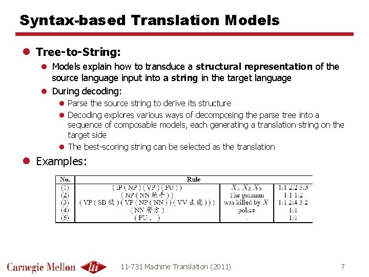 Syntax-based Translation Models l Tree-to-String: l Models explain how to transduce a structural representation