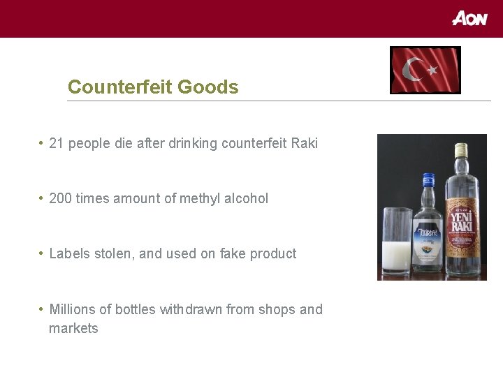 Counterfeit Goods • 21 people die after drinking counterfeit Raki • 200 times amount