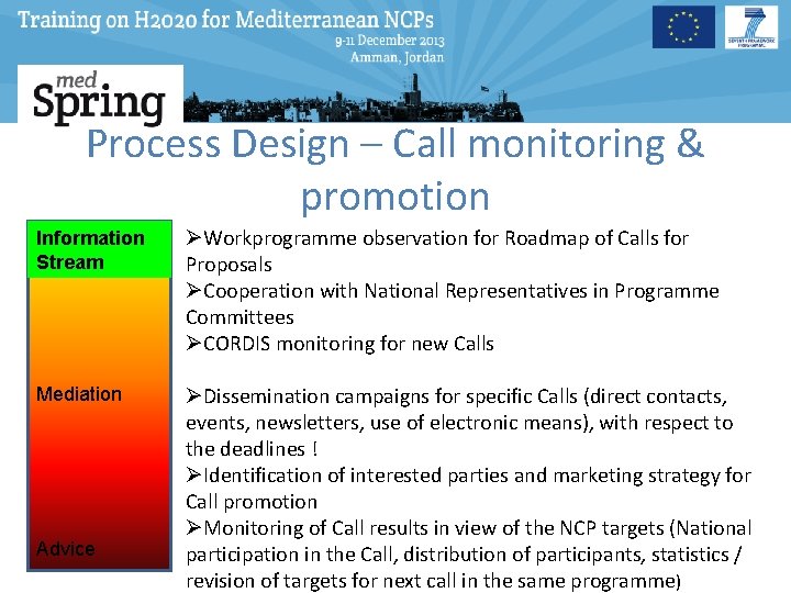 Process Design – Call monitoring & promotion Information Stream ØWorkprogramme observation for Roadmap of