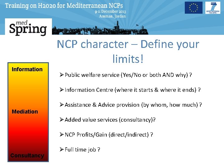 Information NCP character – Define your limits! ØPublic welfare service (Yes/No or both AND