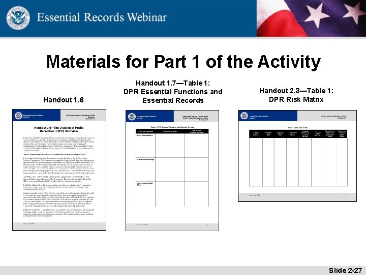 Materials for Part 1 of the Activity Handout 1. 6 Handout 1. 7—Table 1: