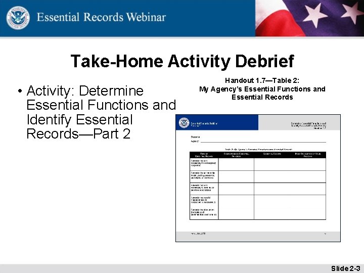 Take-Home Activity Debrief • Activity: Determine Essential Functions and Identify Essential Records—Part 2 Handout