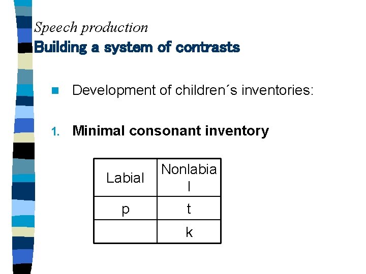Speech production Building a system of contrasts n Development of children´s inventories: 1. Minimal