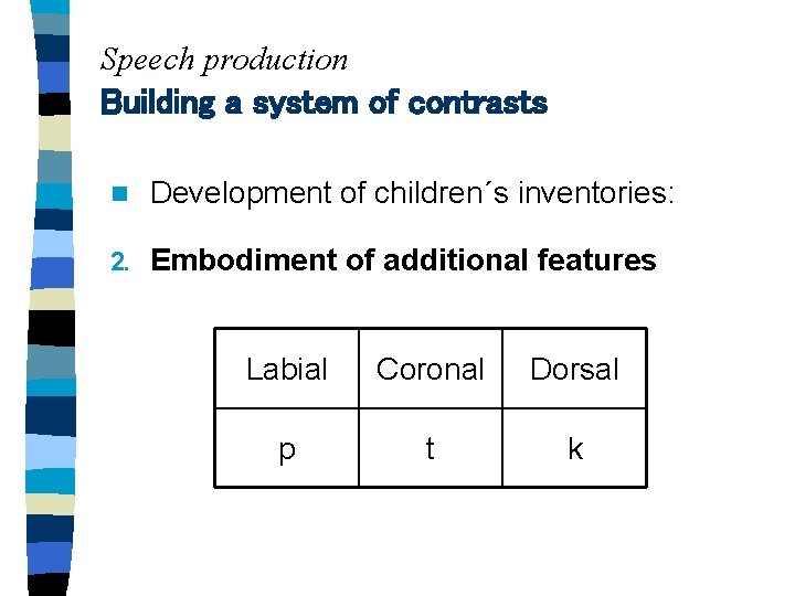 Speech production Building a system of contrasts n Development of children´s inventories: 2. Embodiment