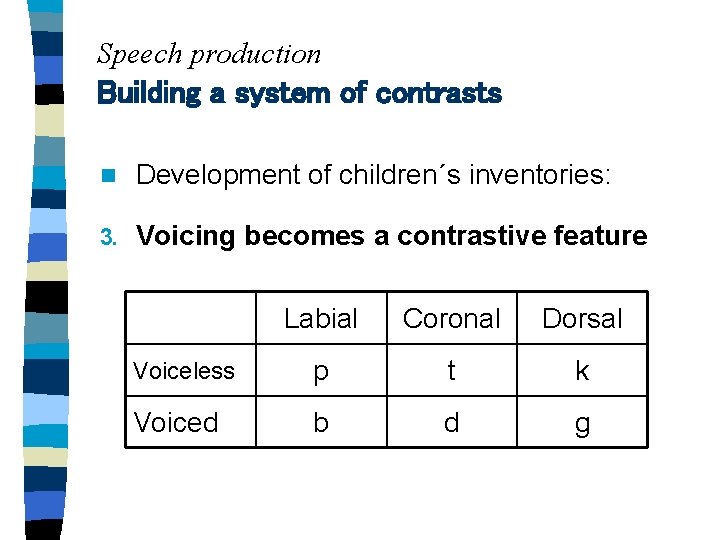 Speech production Building a system of contrasts n Development of children´s inventories: 3. Voicing
