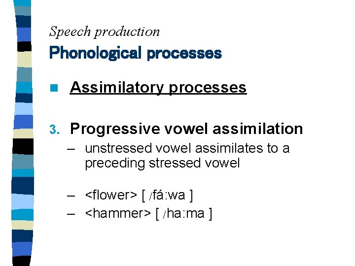 Speech production Phonological processes n Assimilatory processes 3. Progressive vowel assimilation – unstressed vowel