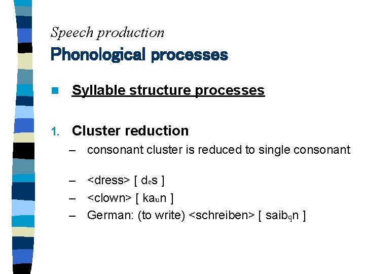 Speech production Phonological processes n Syllable structure processes 1. Cluster reduction – consonant cluster