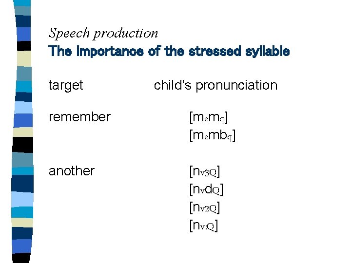 Speech production The importance of the stressed syllable target child’s pronunciation remember [memq] [membq]