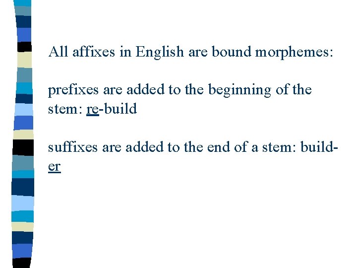 All affixes in English are bound morphemes: prefixes are added to the beginning of
