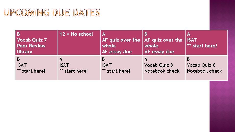 B Vocab Quiz 7 Peer Review library 12 = No school A AF quiz