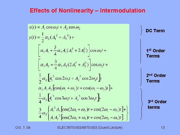 Effects of Nonlinearity – Intermodulation DC Term 1 st Order Terms 2 nd Order