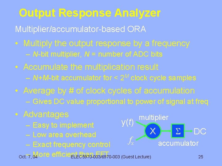 Output Response Analyzer Multiplier/accumulator-based ORA • Multiply the output response by a frequency –