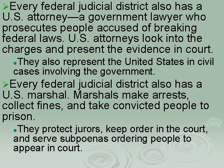 ØEvery federal judicial district also has a U. S. attorney—a government lawyer who prosecutes