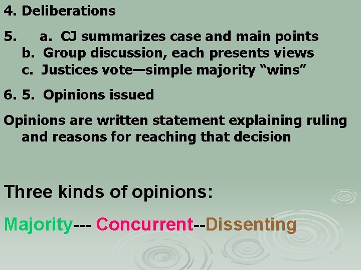 4. Deliberations 5. a. CJ summarizes case and main points b. Group discussion, each